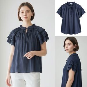 Evereve Ruffle Sleeve Satin Blouse Pleated Texture Relaxed Fit Tie Neck Flowing